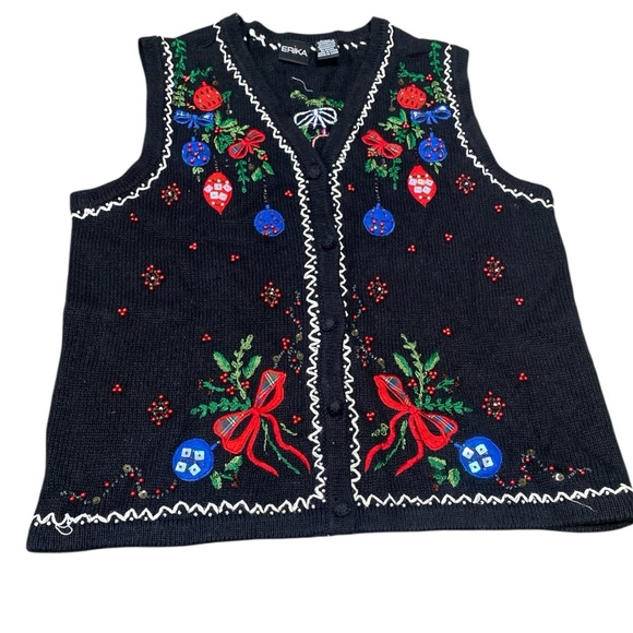 ERIKA Black Embroidered Sequins Ugly Christmas Holiday Vest Sweater Size Large - Picture 14 of 16